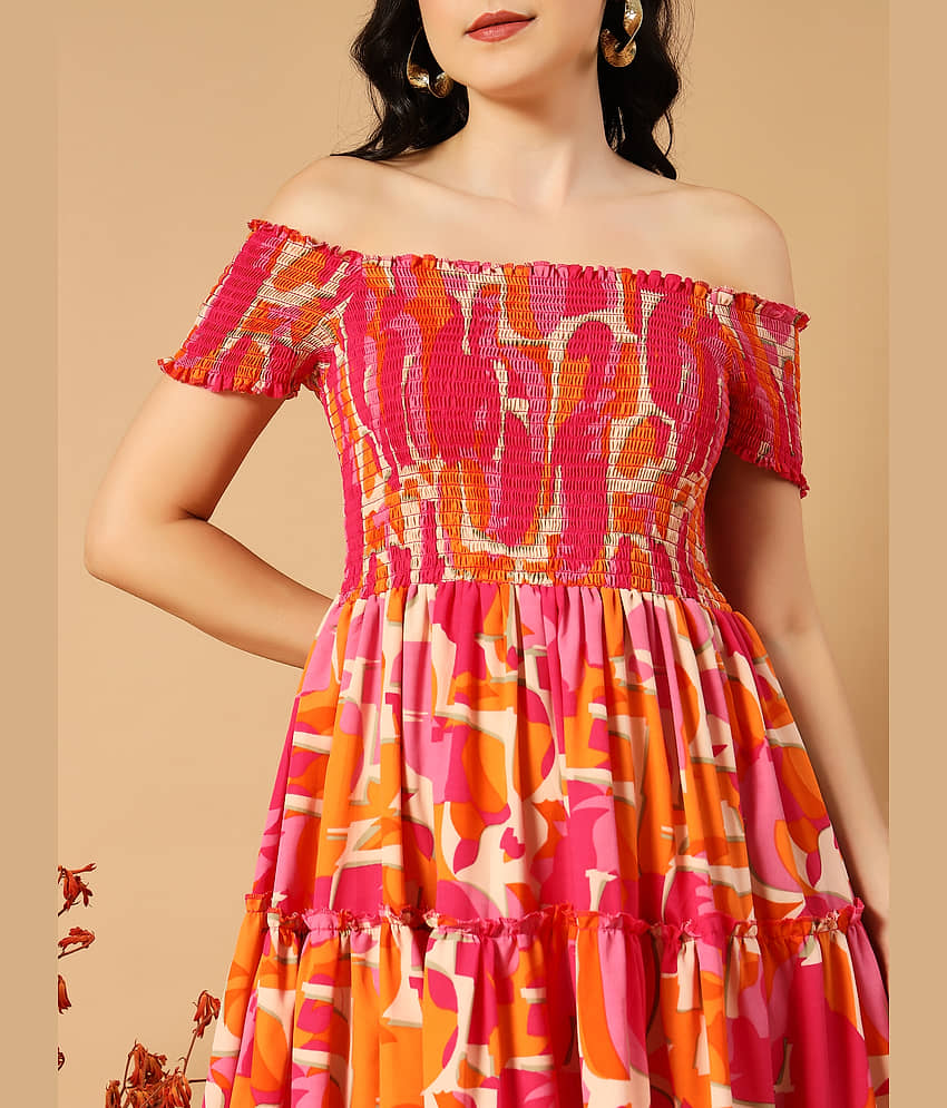 OTABU Rayon Printed Midi Women's Fit & Flare Dress - Orange ( Pack of 1 ) view 2