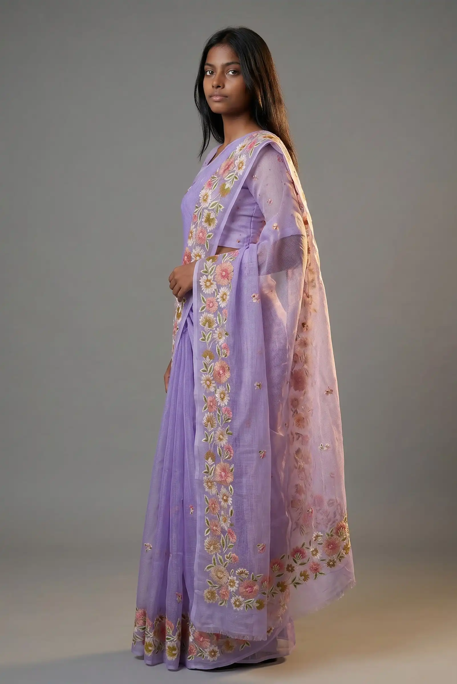 Handwoven Kota Doria Saree in Lavender with Hand-Embroidered Floral Borders view 2