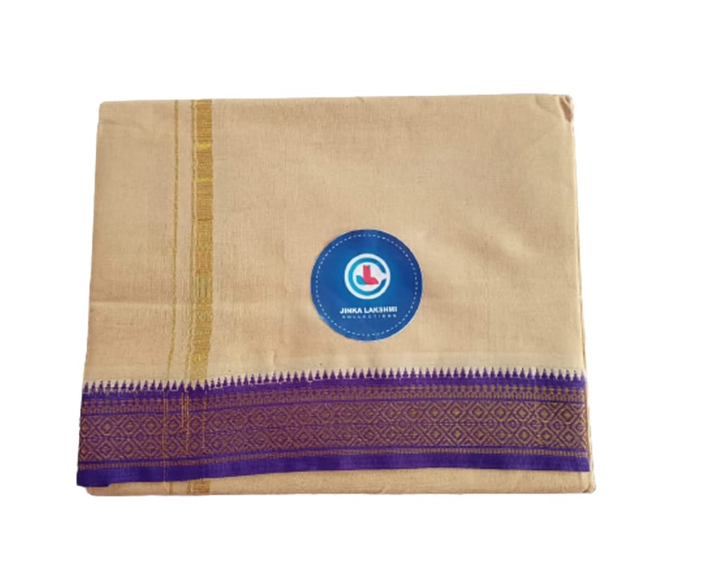 Jinka Lakshmi Collections 100% Handloom Cotton Biscuit Color Dhoti With Zari Border Up and Down 4 Meters Unstitched Pack of 2 (Multicolor-6) view 2