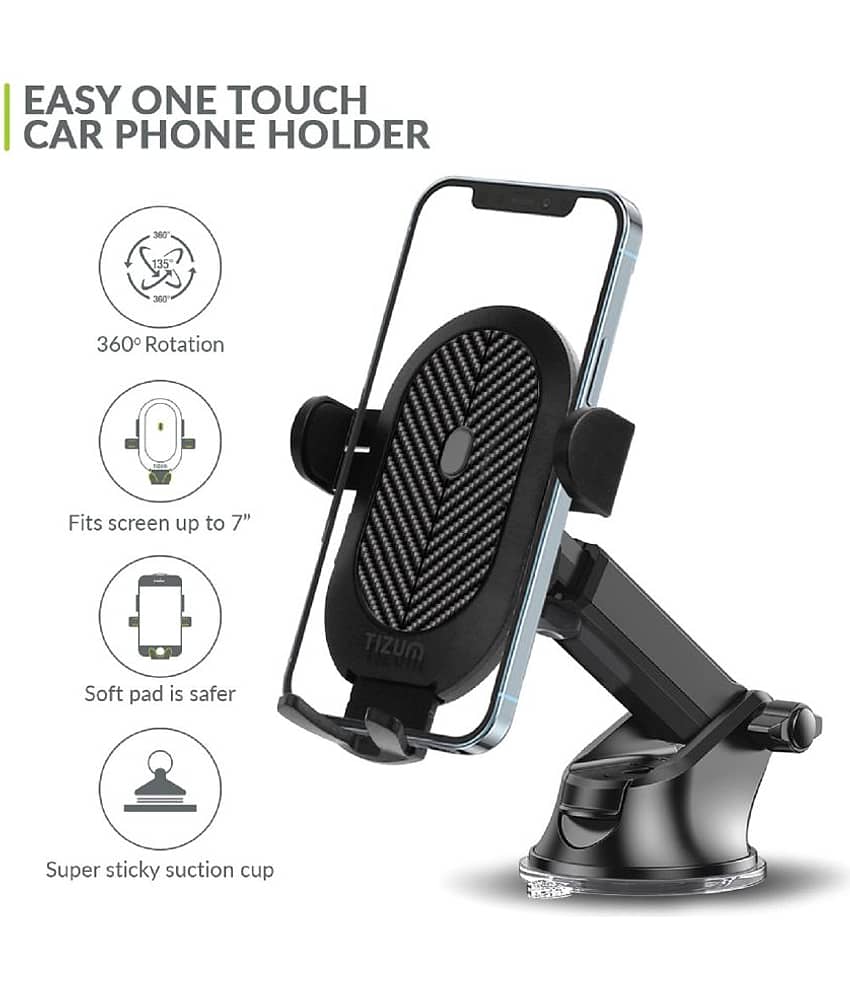 Tizum Universal Car Mobile Holder Stand| Strong Suction Cup, Double Shift Locking for Dashboard Windshield| Quick Release, Long Telescopic Arm, 360° Rotatable Head| All Mobile Phone, Black view 2