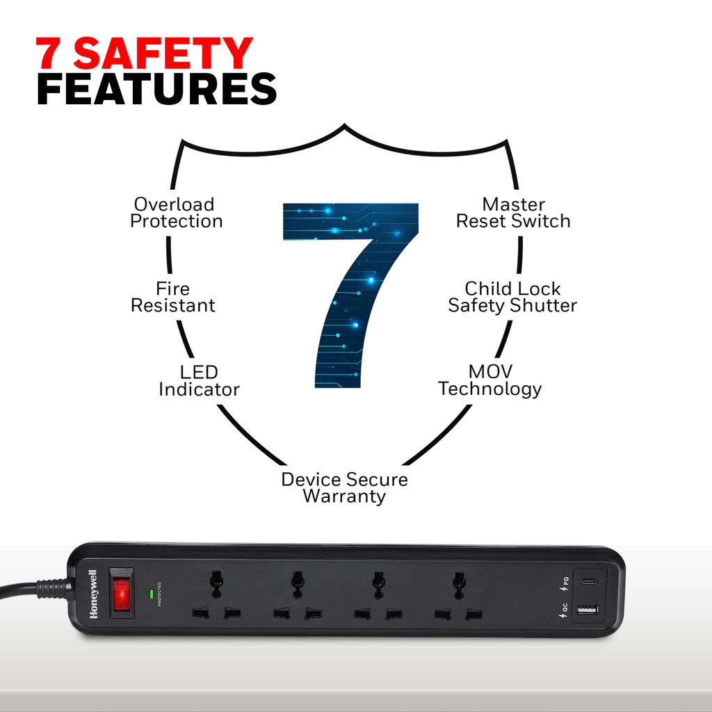 Honeywell Surge Protector With 4 Universal Sockets + USB-A, Type C And 2 Meter Cord - Black view 2