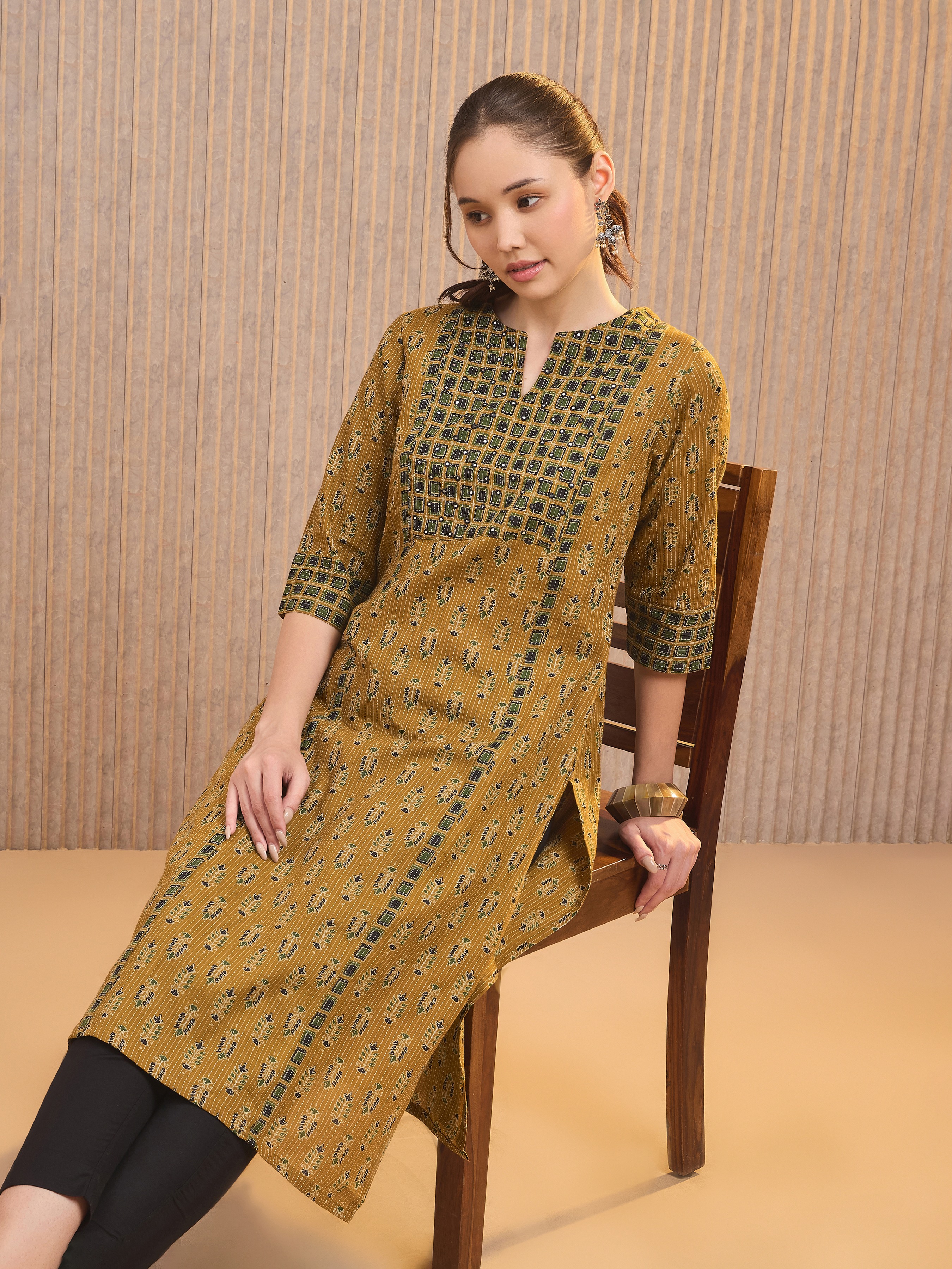 Mustard Yellow Cotton Katha Printed Kurti With Mirror Work Embroidery view 2