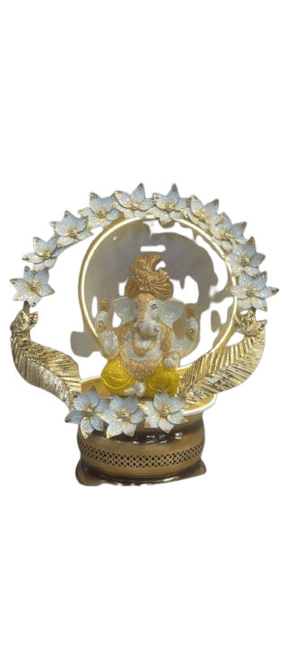 Gold and White Resin गणेश Idol with Floral Frame