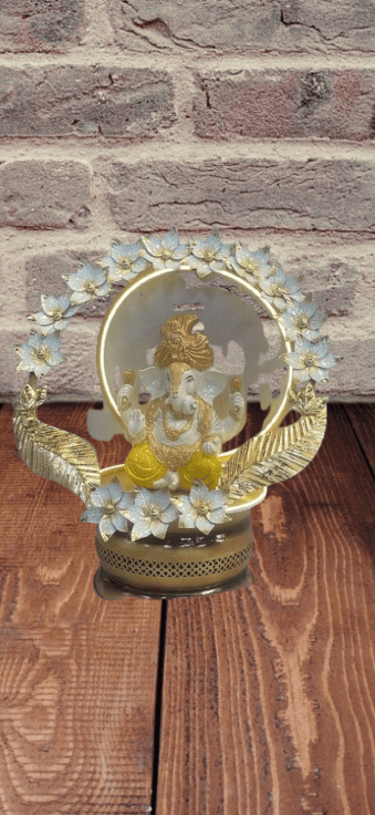 Gold and White Resin गणेश Idol with Floral Frame view 2