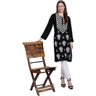 Numak Women Chikan Embroidery Straight Kurta (Black) view 2