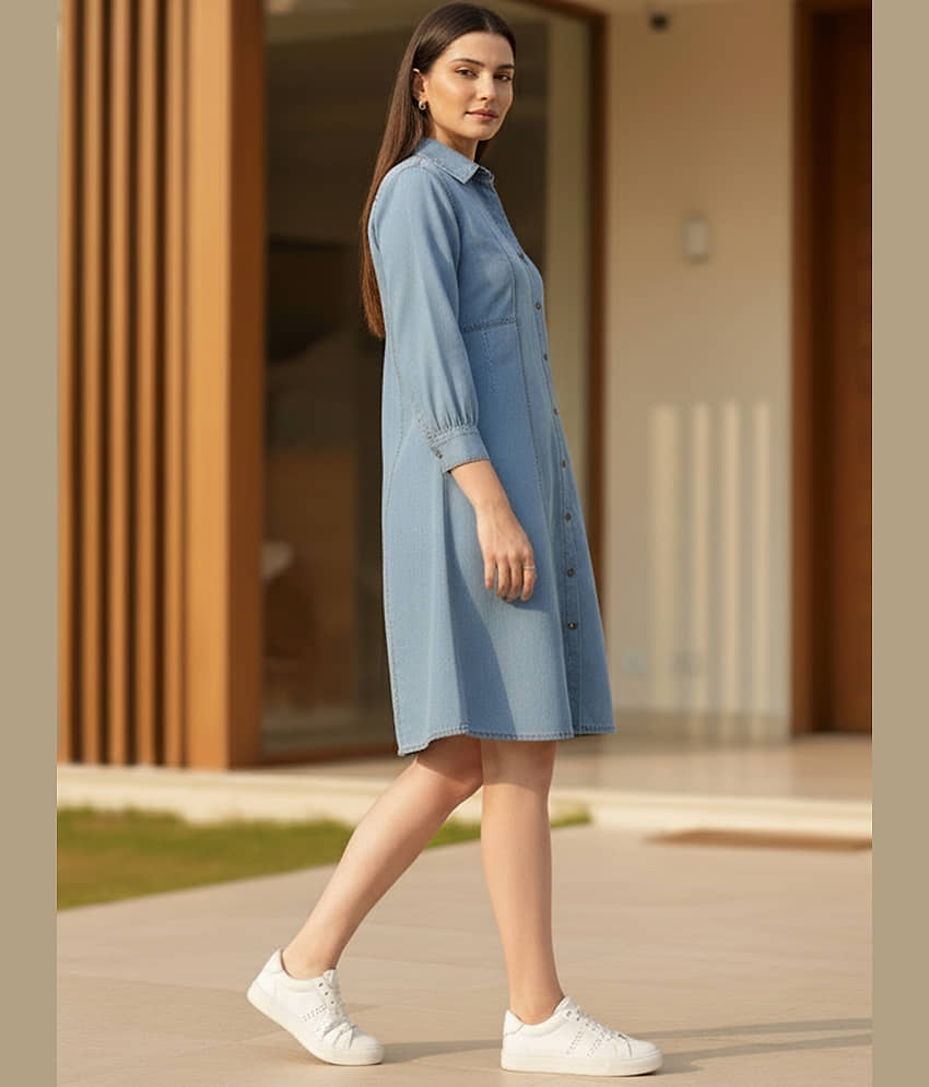 Addyvero Women Denim Solid A-line Dress ( Light Blue ) view 2
