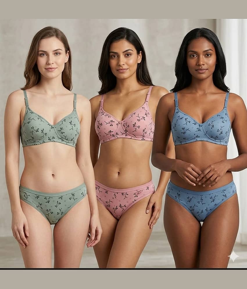 EASTERN CLUB Pack of 3 Cotton Blend Bra & Panty Set For Women ( Multicolor ) view 2