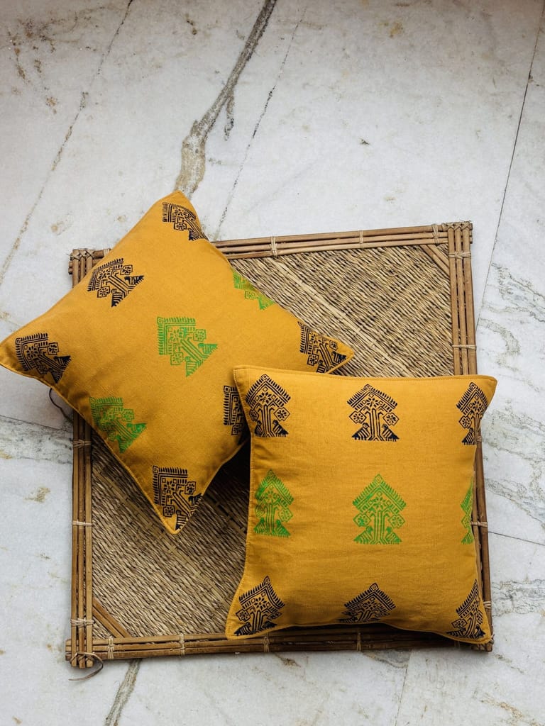 Yellow Hand Block Printed Cushion Cover- Set of 5 view 2