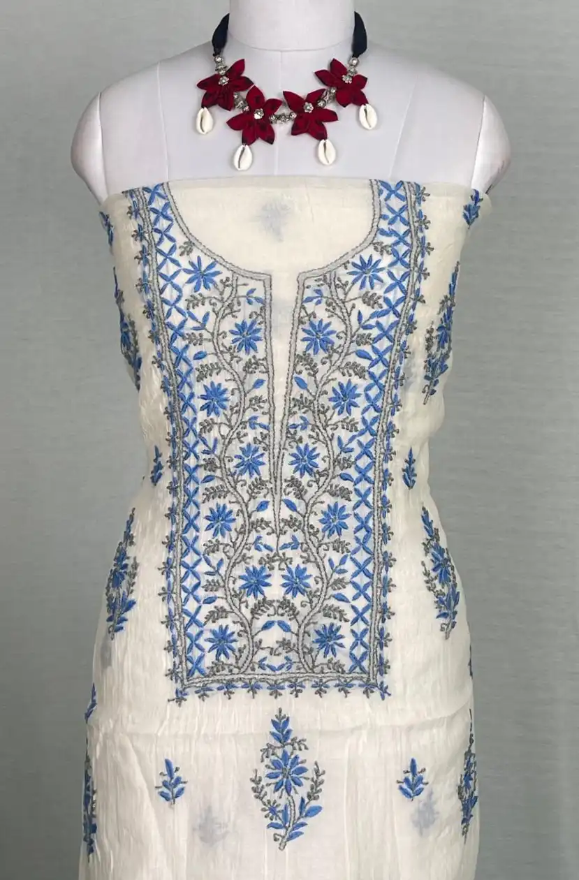 Chikankari Mul Chanderi Dress Material Ivory Royal Blue view 2
