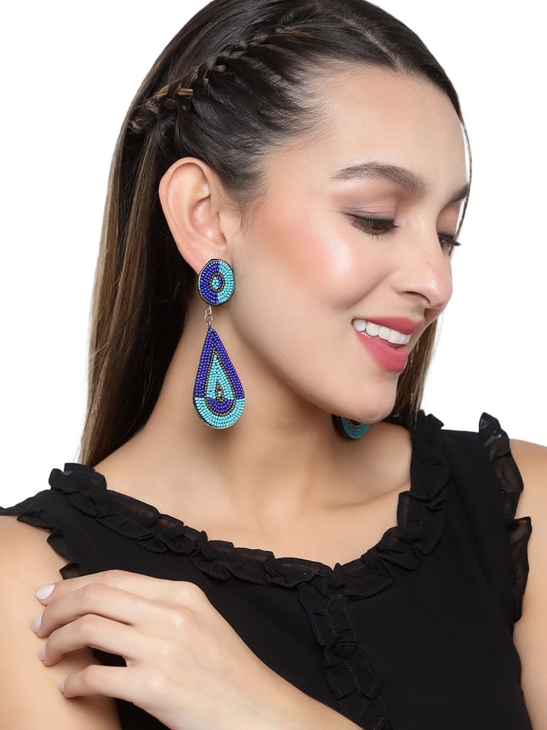 Cardinal Blue Beads Weaving Geometric Design Oxidized Earrings view 2
