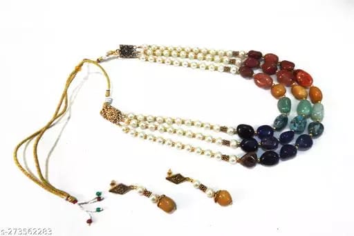 GEMSTONE MULTICOLOR TUMBLE & SYNTHETIC PEARL 7 CHAKRA NECKLACE view 2