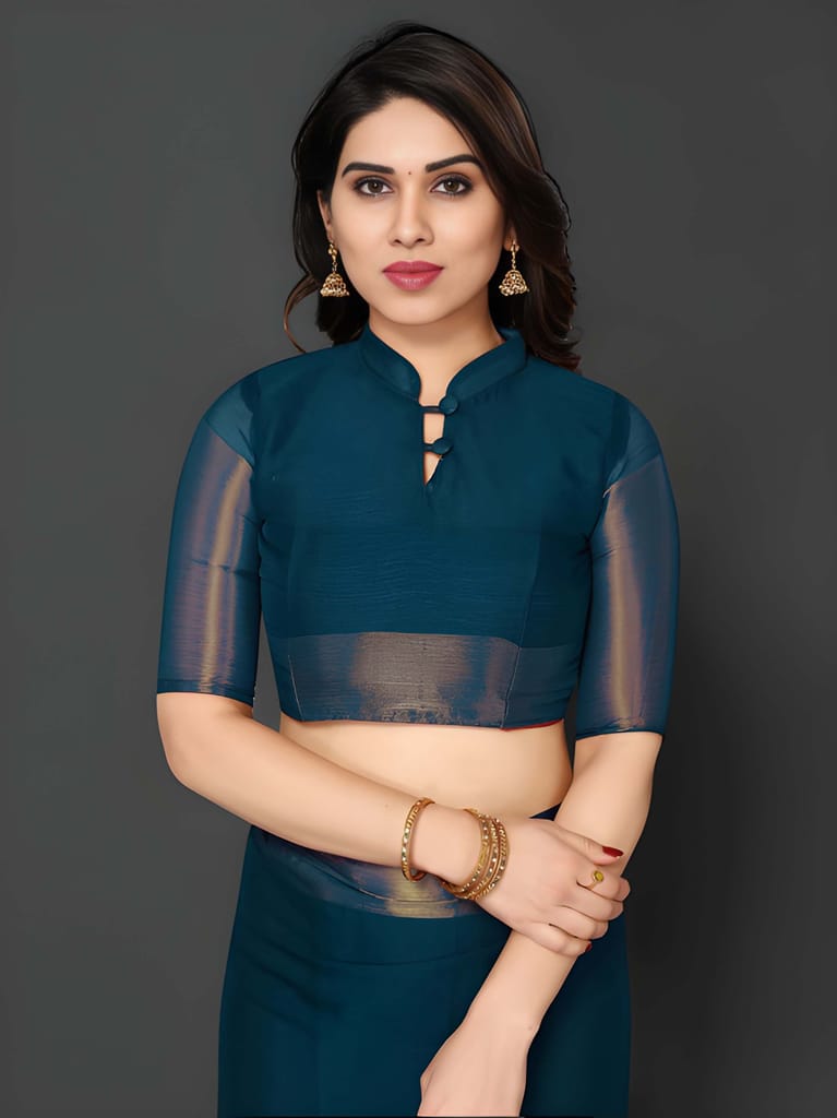 WUGO Women's Teal Blue Organza Saree with Golden Zari Border | Elegant Party Wear, Wedding, Festive & Traditional Saree with Unstitched Blouse Piece view 2