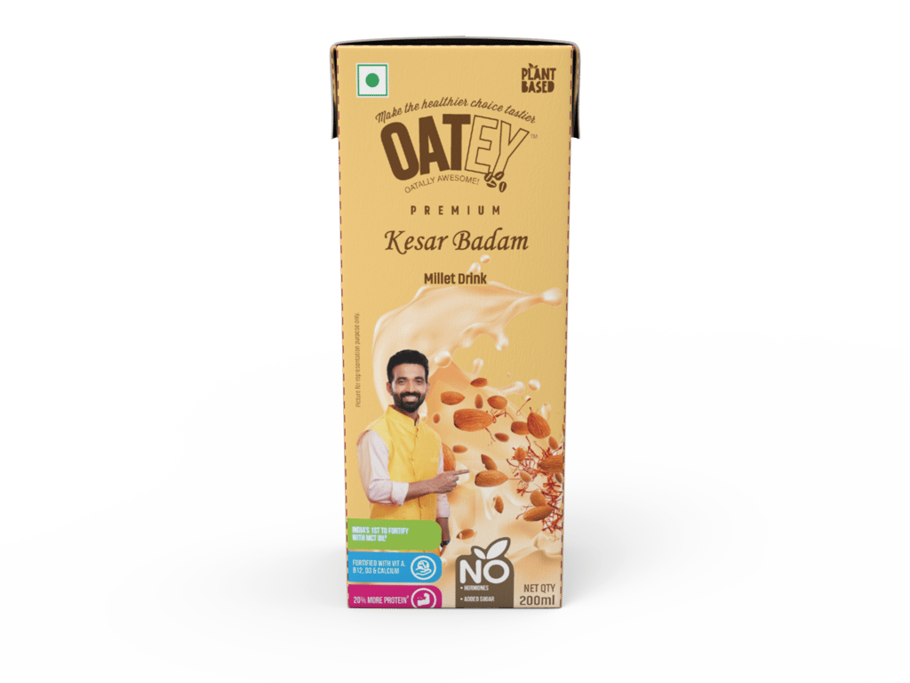 OATEY Kesar Badam Millet Drink - Non-dairy, Vegan, Nut/Soy free, No-added sugar, 200ml (Pack Of 8)