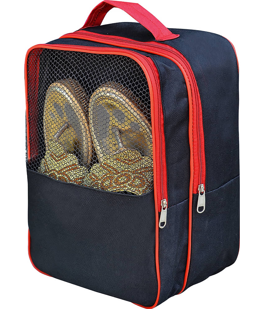 Large Shoe Storage Bag with Mesh Window, Navy Blue and Red Trim, Travel Organiser Bag for Footwear, Transparent Display Case, 30x23x14cm