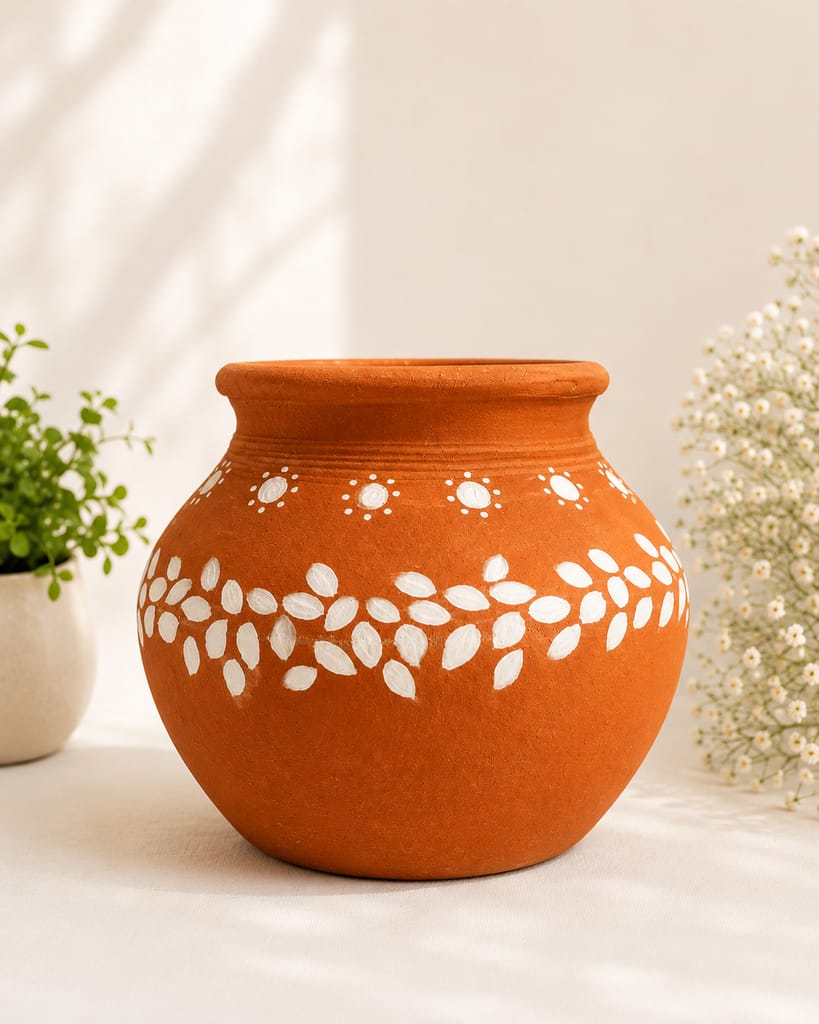 Hand-Painted Terracotta Pot with White Leaf Design