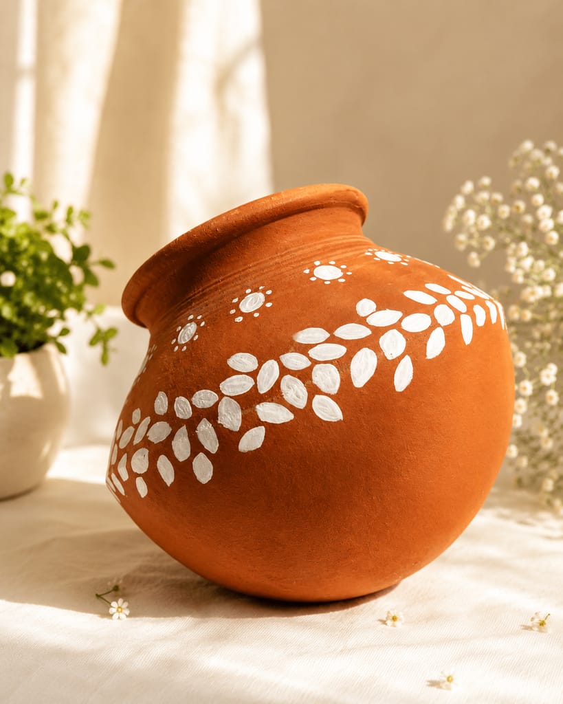 Hand-Painted Terracotta Pot with White Leaf Design view 2