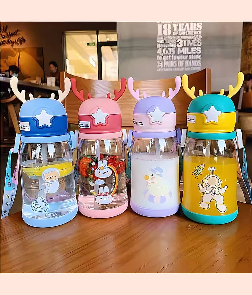 SARVASHVA TRENDS Cartoon Water Bottle with Straw Multicolour Plastic School Water Bottle 600 mL ( Set of 1 ) view 2