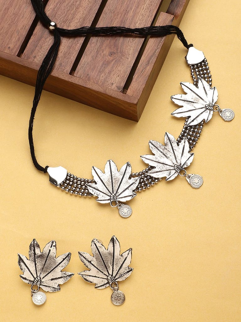 Cardinal Oxidized Silver Color Choker Necklace Set view 2