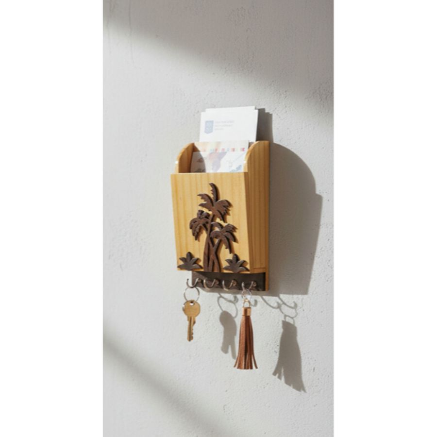 WOODEN WALL-MOUNTED KEY HOLDER WITH MAIL ORGANIZER view 2