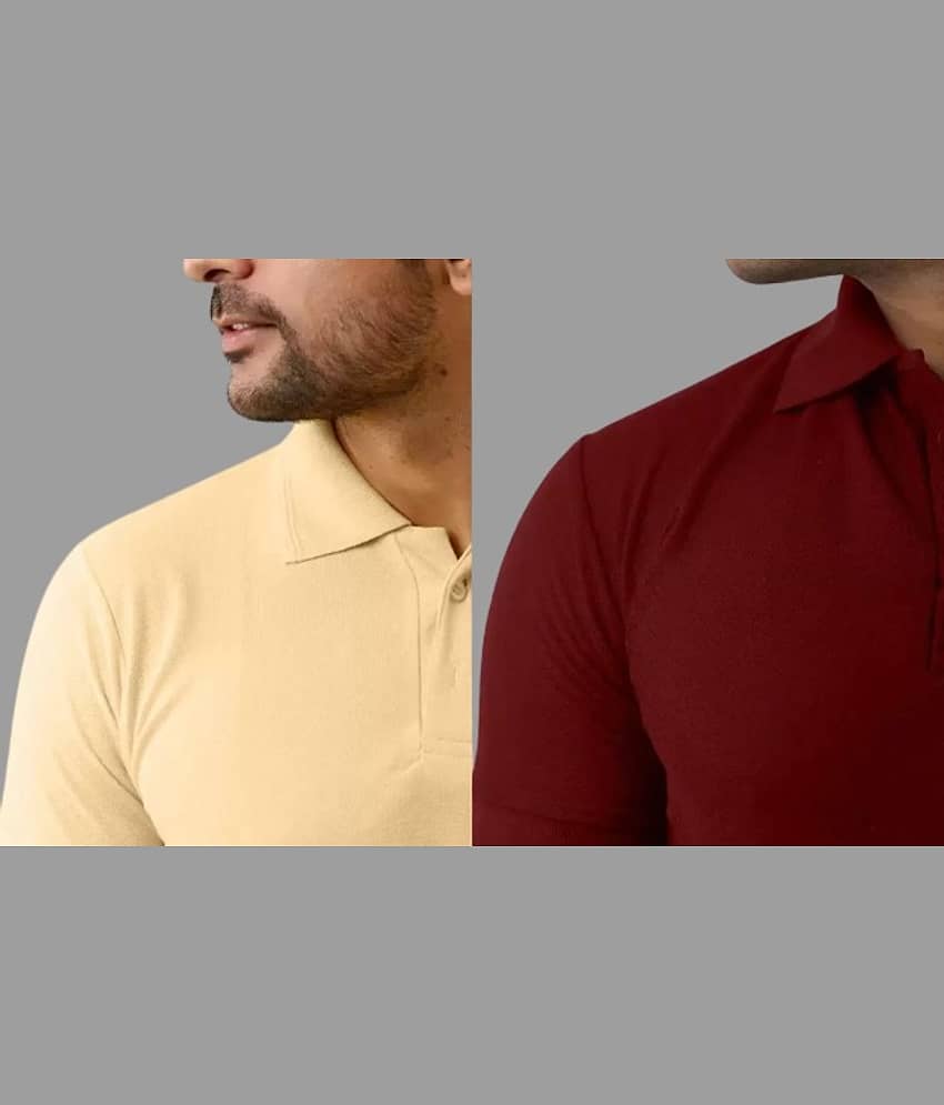SKYRISE Pack of 2 Cotton Blend Slim Fit Solid Half Sleeves Men's Polo T Shirt ( Beige ) view 2