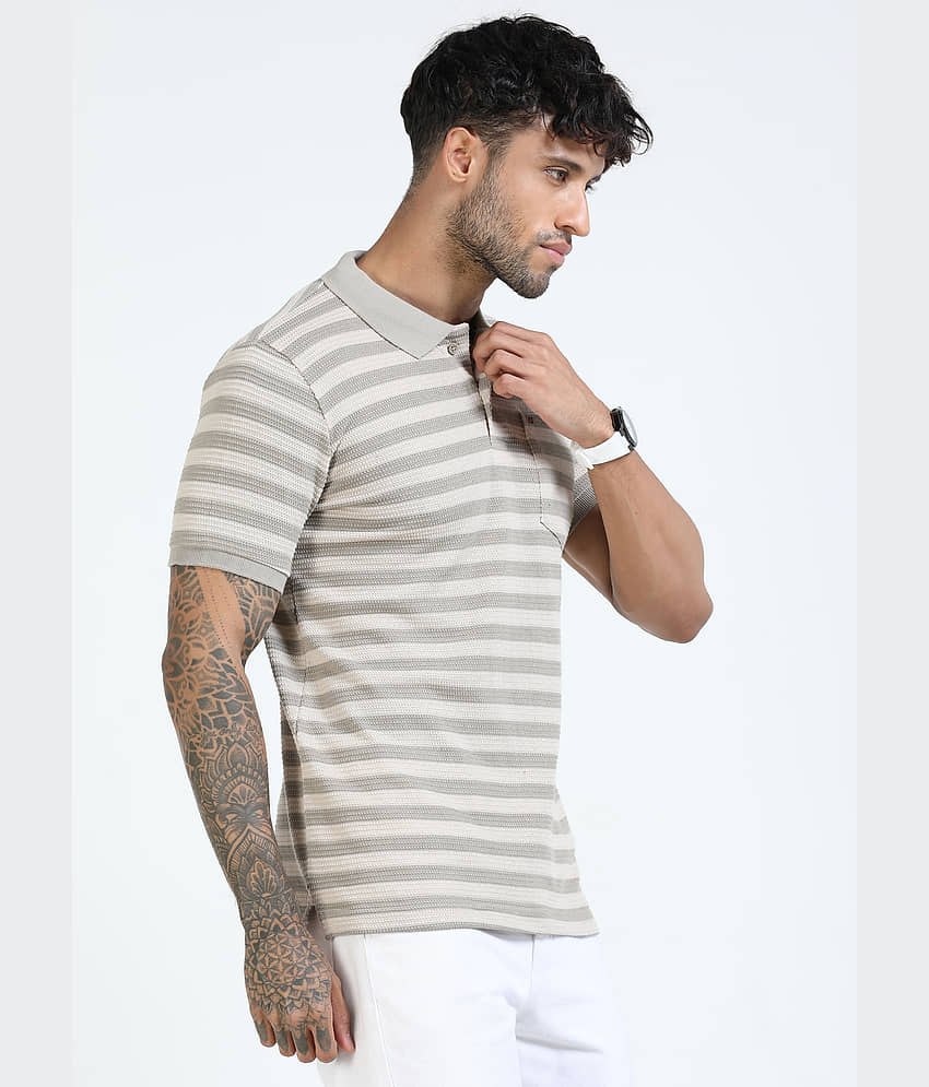 Cool Colors Men Cotton Blend Slim Fit Striped Polo T Shirt ( Cream ) view 2