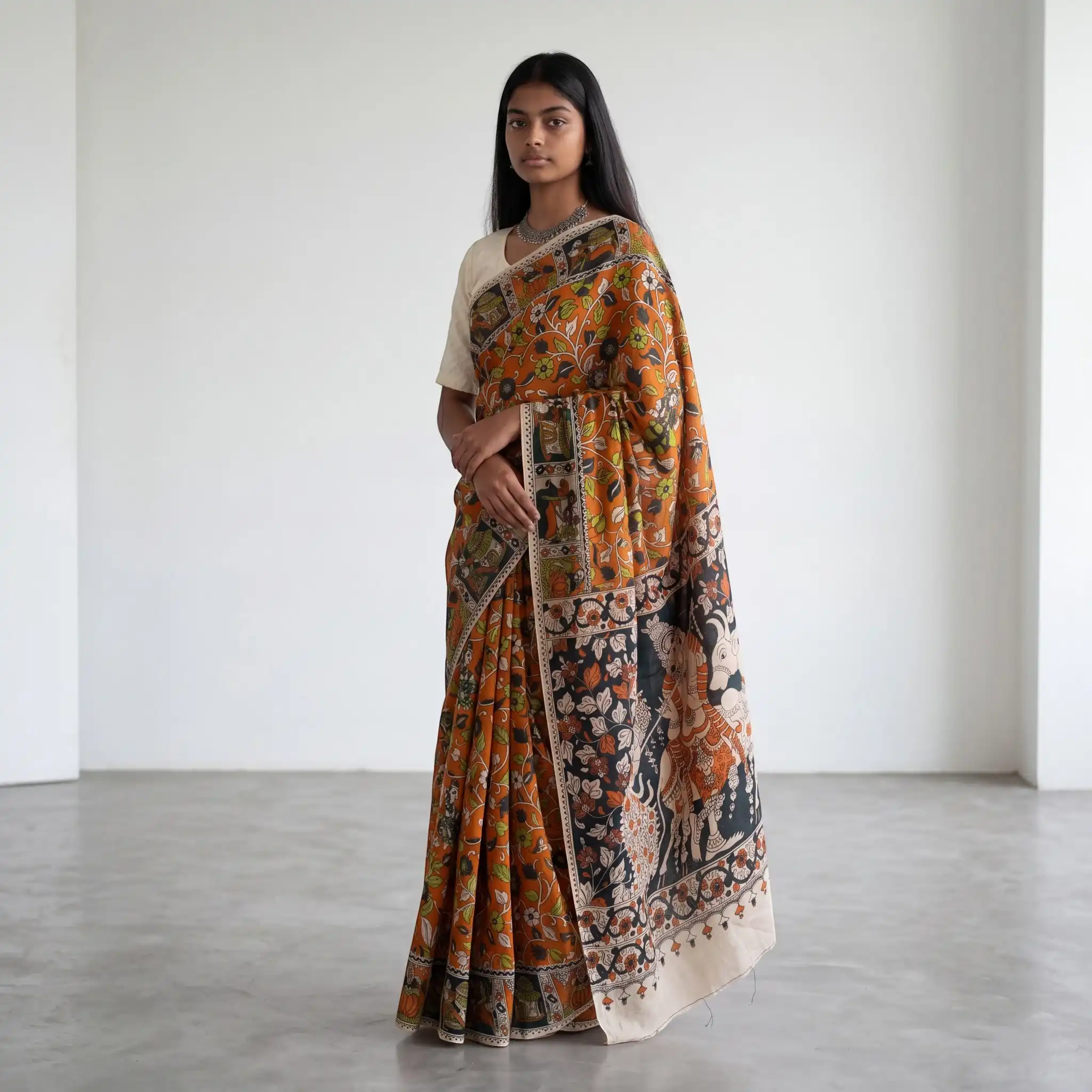 Kalamkari Print Cotton Saree Rust Orange Elephant view 2