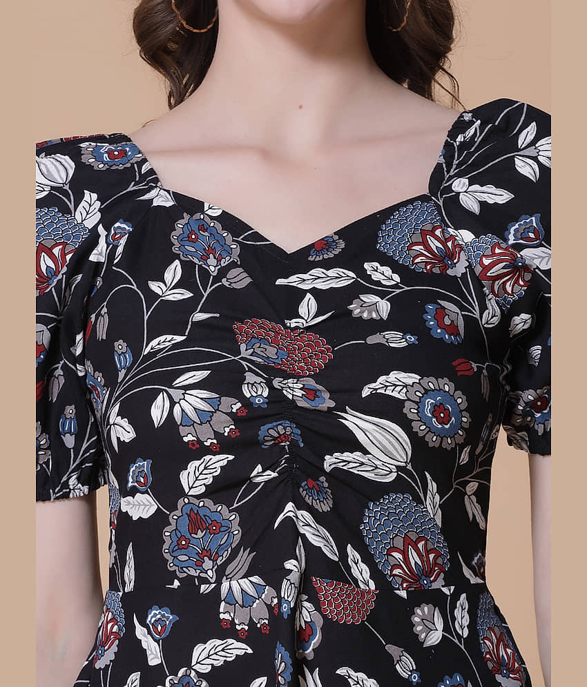 GOD BLESS Women Rayon Printed Fit & Flare Dress ( Black ) view 2