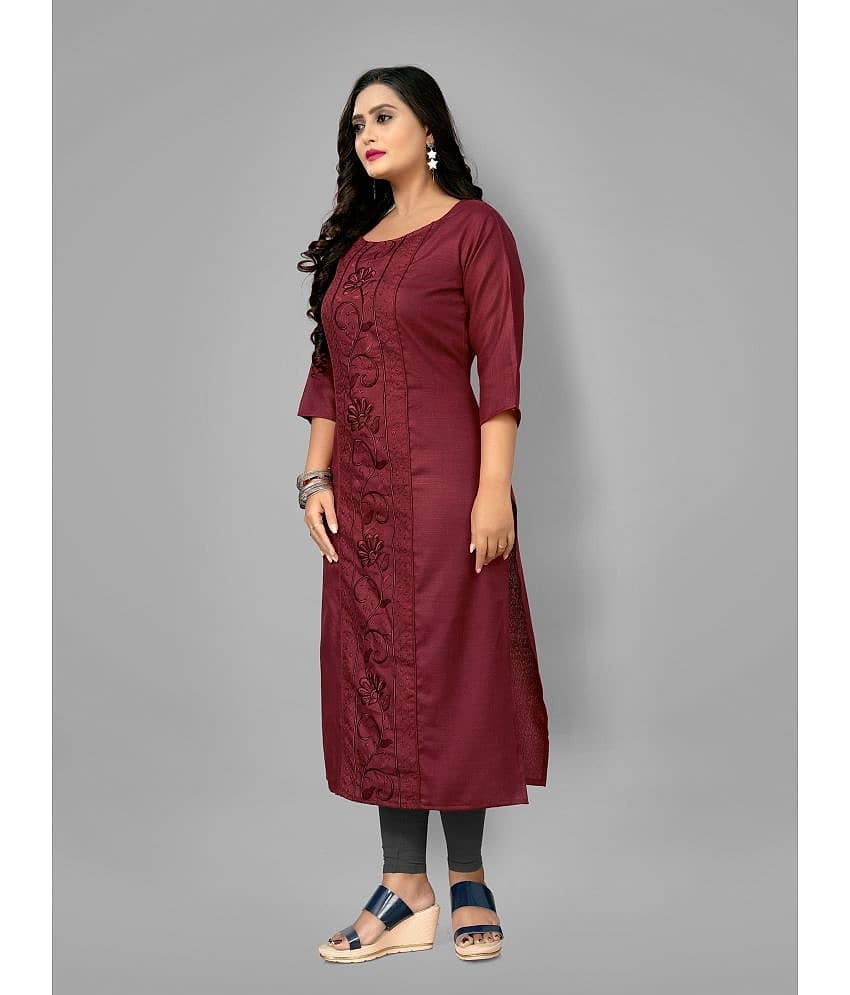 RIAANA - Maroon Cotton Blend Women's Straight Kurti ( Pack of 1 ) view 2