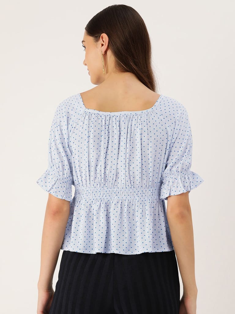 Polka Dots Print Puff Sleeves Peplum Top view 2