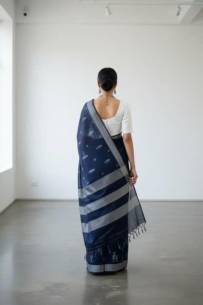Saura Art Cotton Saree Navy Blue Tribal Figure Buti view 2