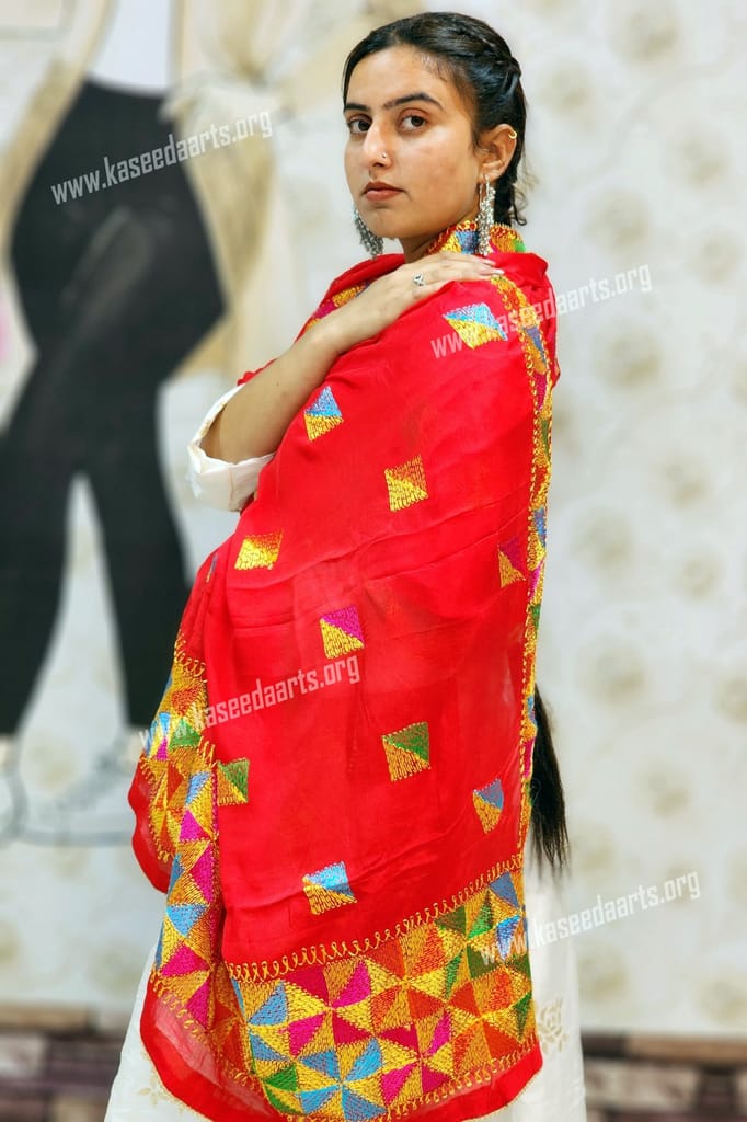 Kaseedaarts Traditional Handmade Red Phulkari (Wedding Dupatta for Women's) view 2