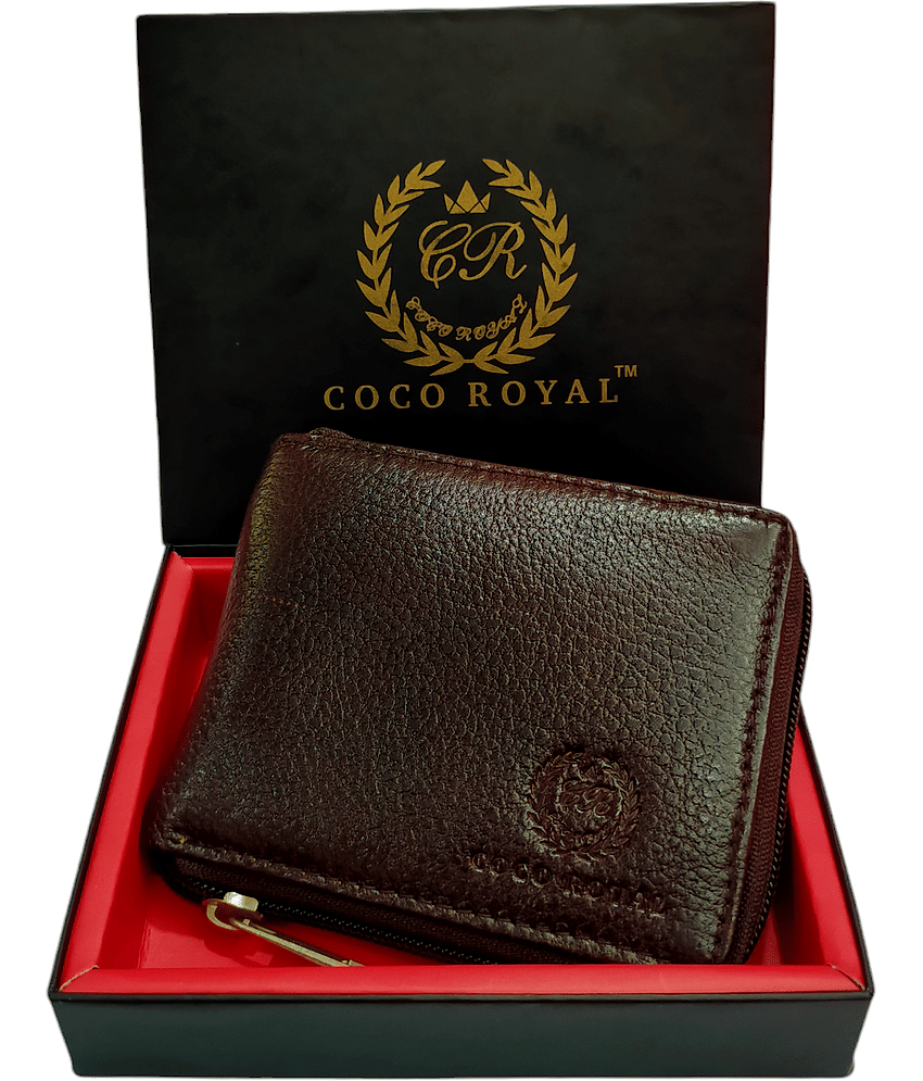 COCO ROYAL Brown 100% Leather Men's Zip Around Wallet,Two Fold Wallet ( Pack of 1 )