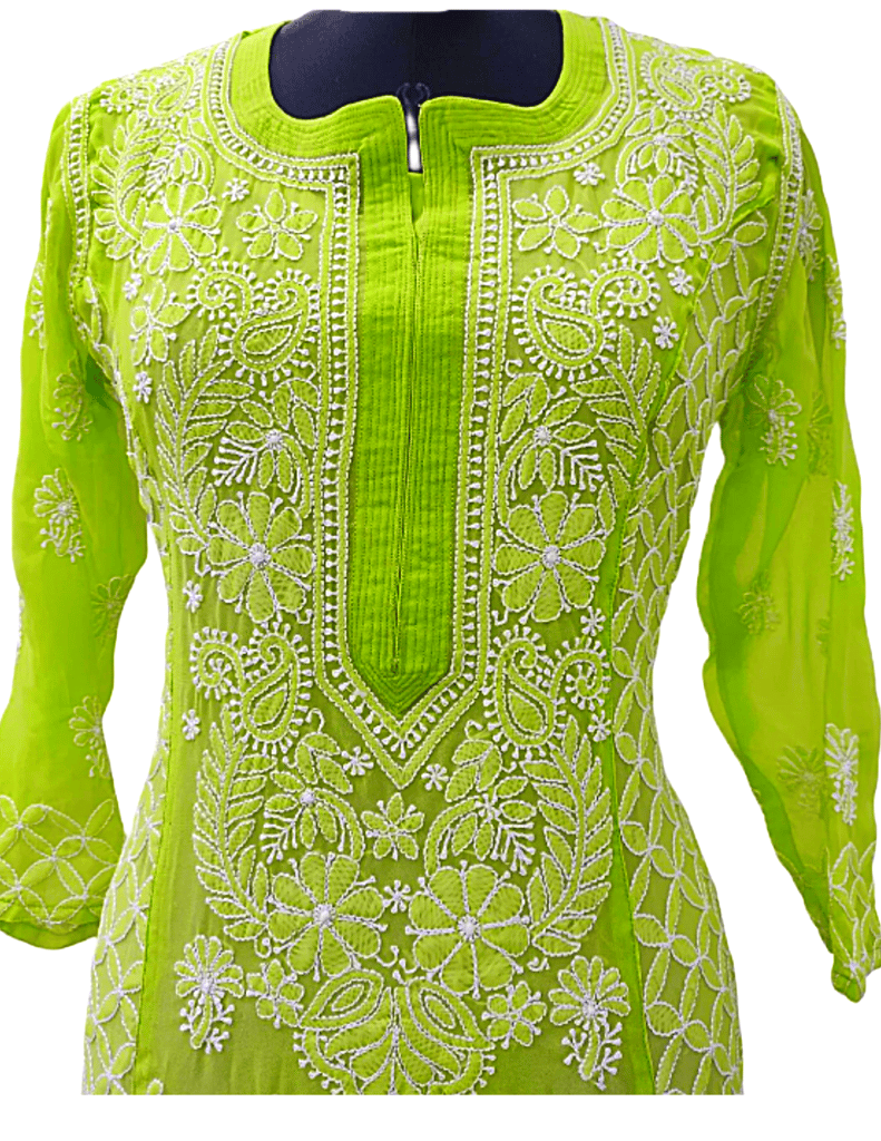 Green Chikankari kurta Mirror Handicraft Work view 2