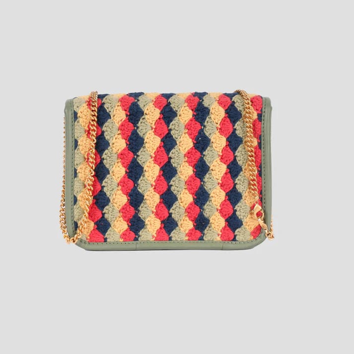 Handmade Colorful Textured Crossbody Bag with Chain Strap and Green Trim view 2