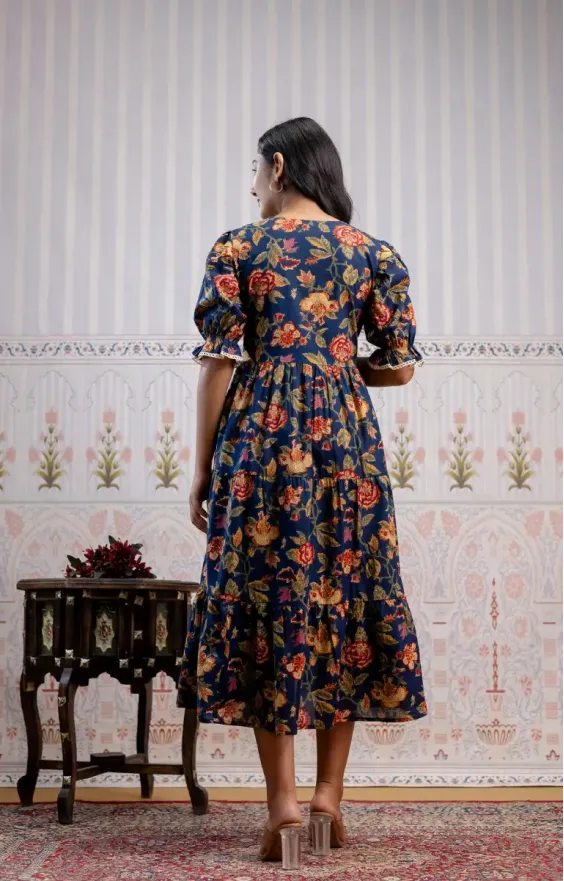 Blue & Red Floral Screen Print 3-Tier Cambric Cotton Dress. view 2