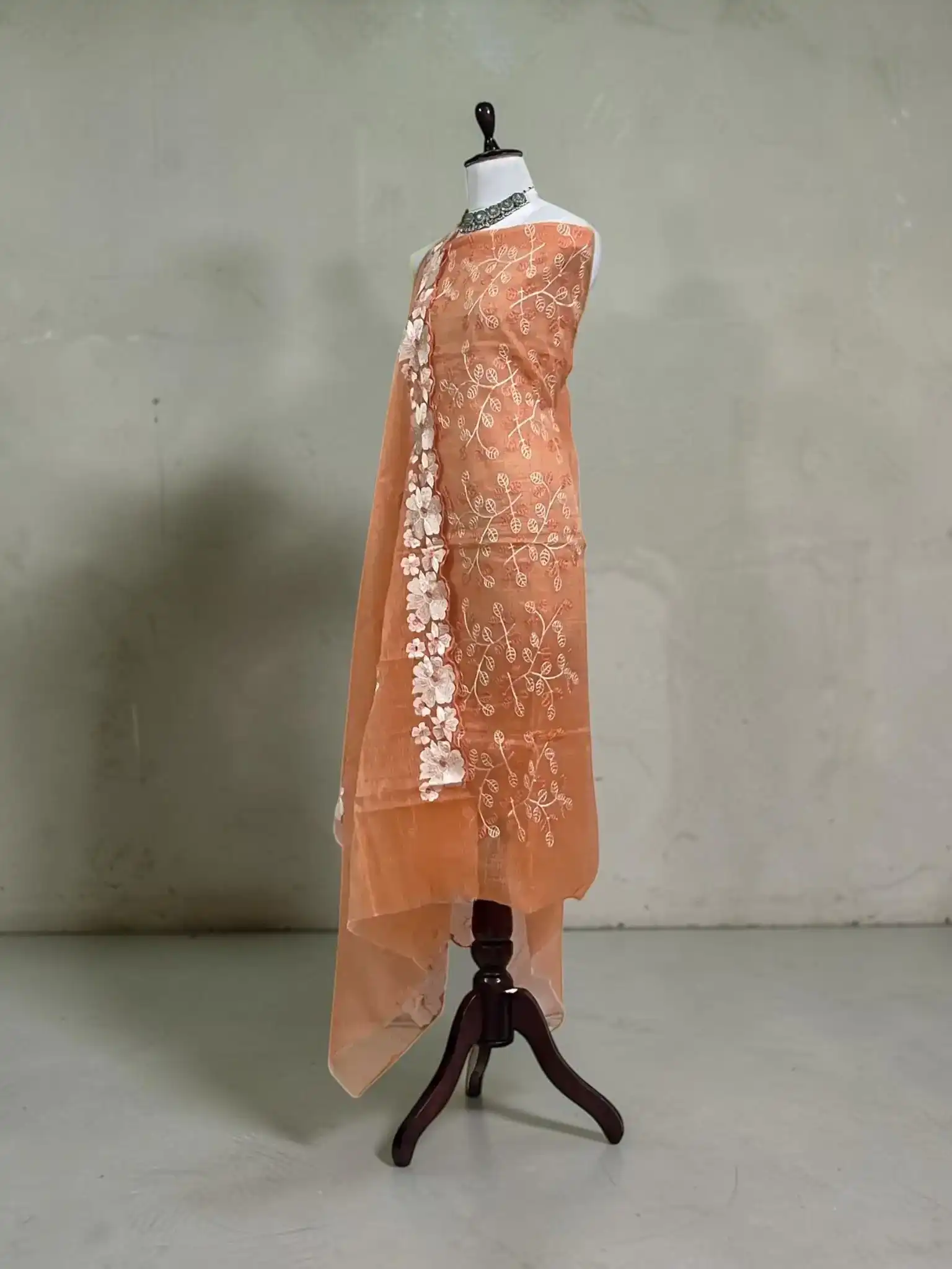 Peach Kota Doria Cotton-Silk Dress Material with Hand-Embroidered Dupatta view 2