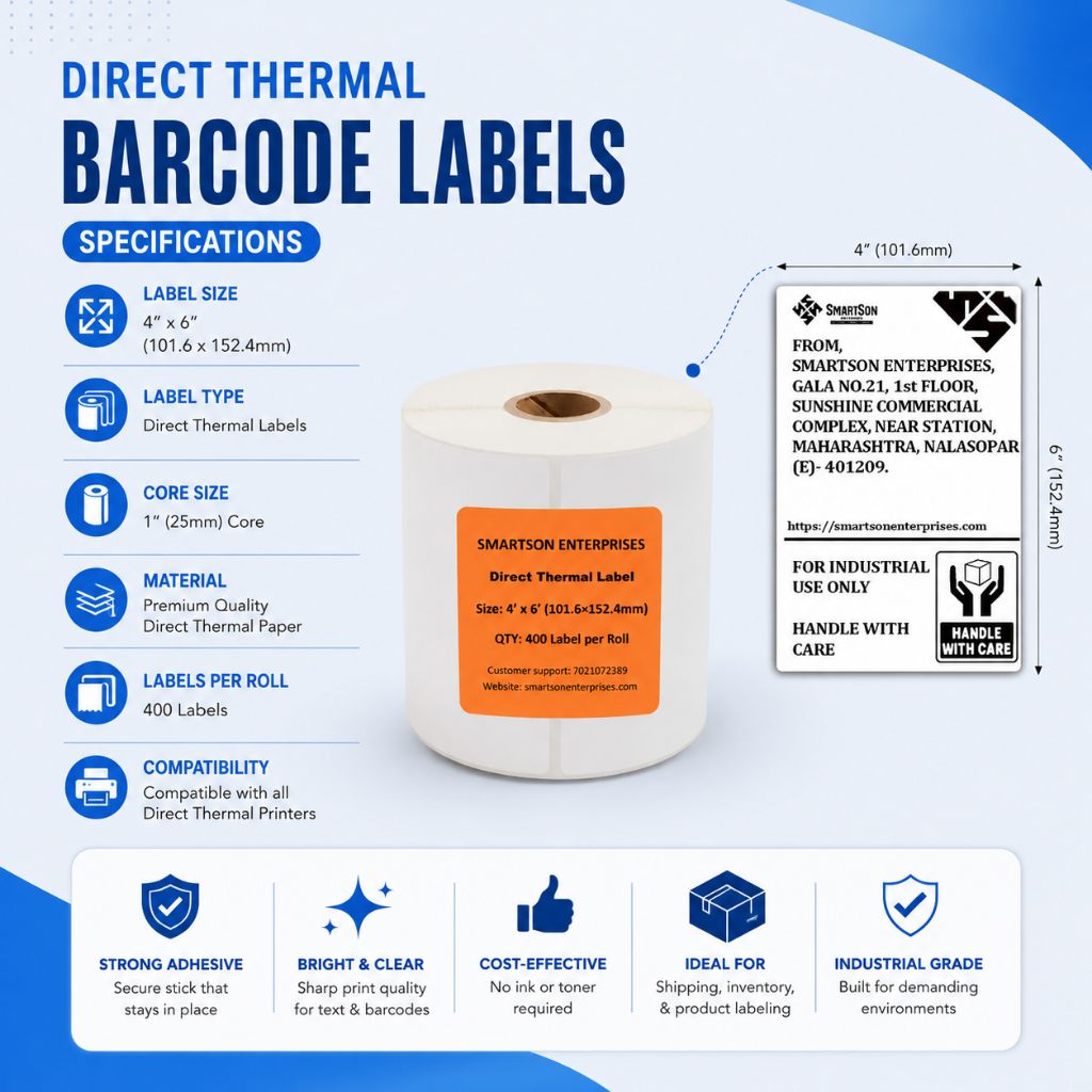 Direct Thermal Barcode Labels – 100mm x 150mm (4x6 Inch) | 400 Labels per Roll | Standard Shipping Label Size for Delhivery, Bluedart & Shiprocket view 2