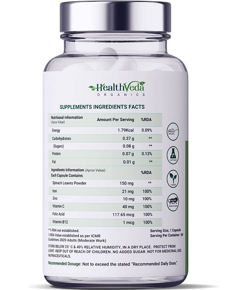 Health Veda Organics Iron+Folic Acid Supplements for blood building & Immunity, 60 Veg Capsules view 2