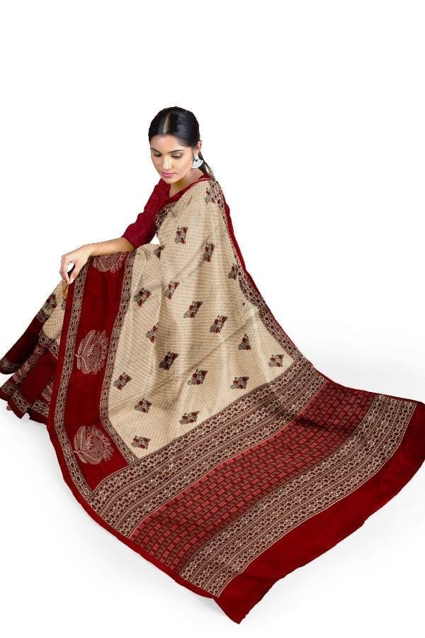Cream Printed Silk Saree with Cut-work Embroidery view 2