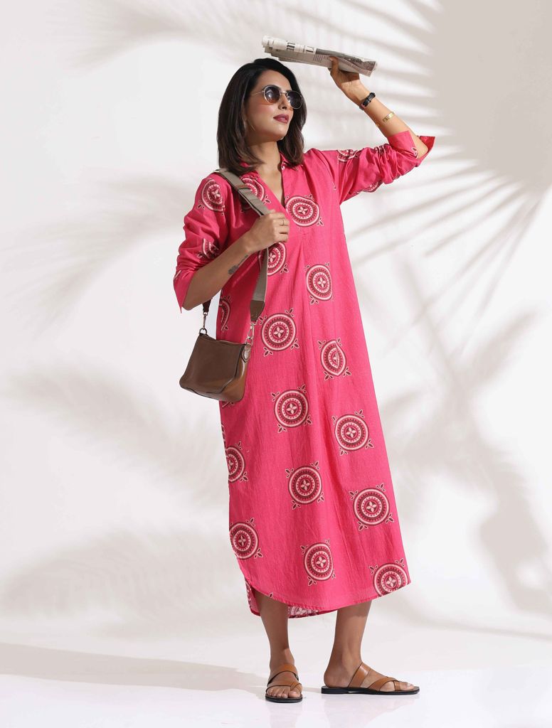 trueBrowns Pink Cotton Print A-line Dress - Pink (3XL) view 2
