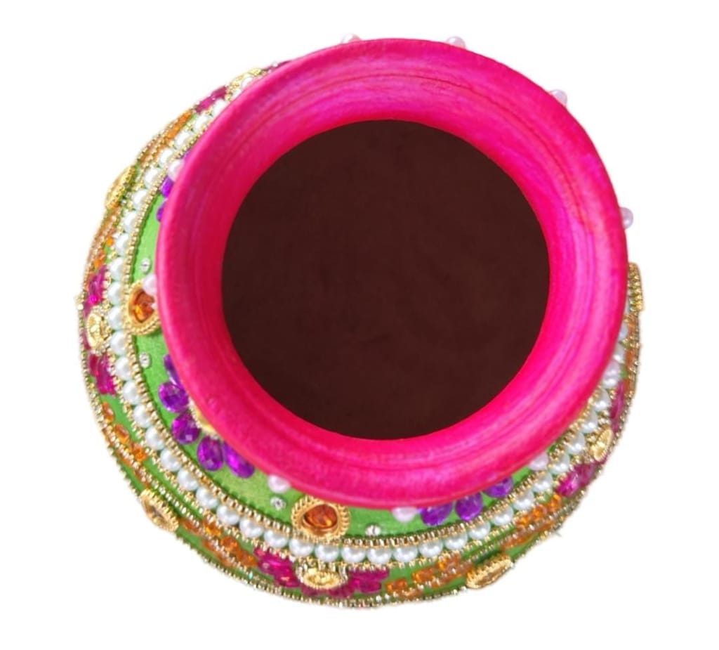 Green Matka with Kundan and Pearl Work for Diwali Decoration view 2