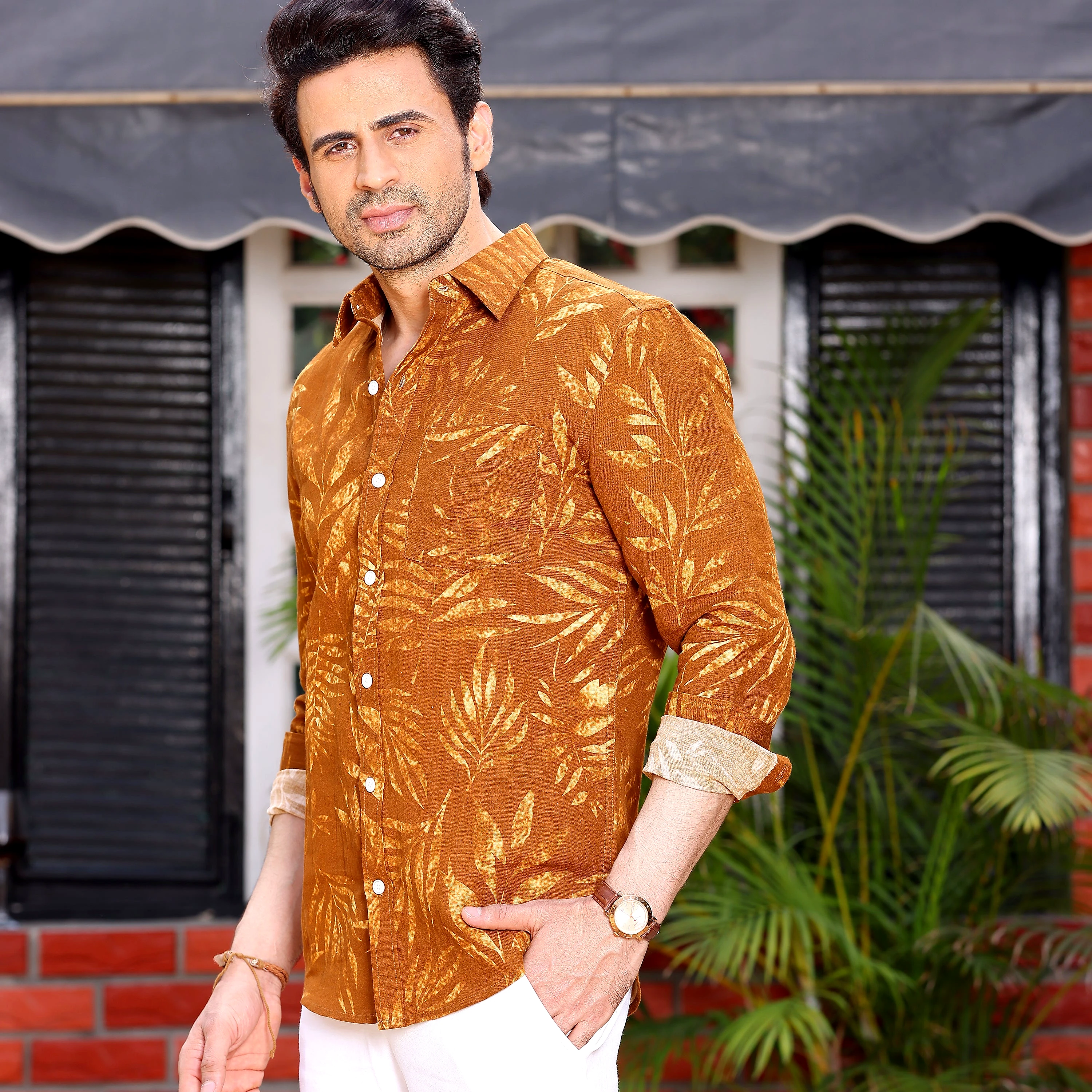 Tropical Leaves Brown Base Casual Pure Linen Full Shirt (Size - S) by BLUE EAGLE view 2