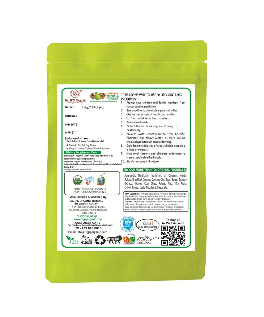 Dr JPG Organic Herbals Triphala Powder Supports Immune System 228g / Helps Relieve Constipation/INDIA ORGANIC Certified / 114g Pack Of 2 view 2