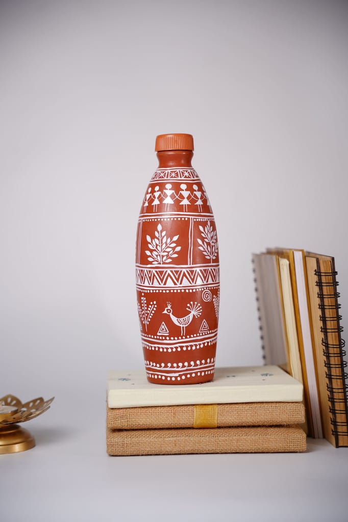 Handmade Clay Water Bottle with Warli Art view 2