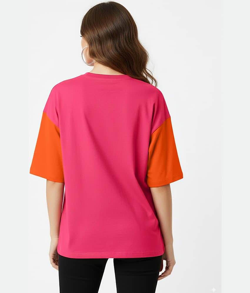 Leotude Women Cotton Blend Printed Oversized Fit Round Neck T-Shirt ( Pink ) view 2