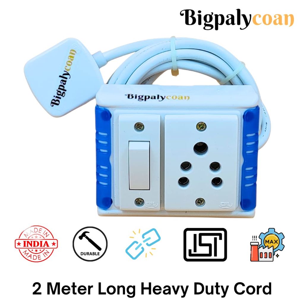 Bigpalycoan 1 Way Extension Multi Outlet Electrical Switch Board with Individual Switch Heavy Duty Long Cord (Max. Rating 1200W- 230V) PVC Blue/Green-White view 2