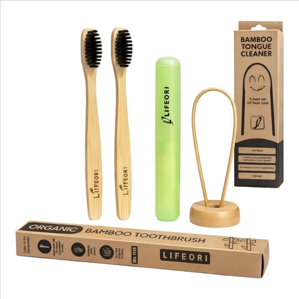 Lifeori Bamboo Oral Care Kit for Men & Women | Eco-Friendly Combo with Bamboo Toothbrush, Tongue Cleaner & Travel Toothbrush Case | Natural, Sustainable & Travel-Friendly Oral Hygiene Set