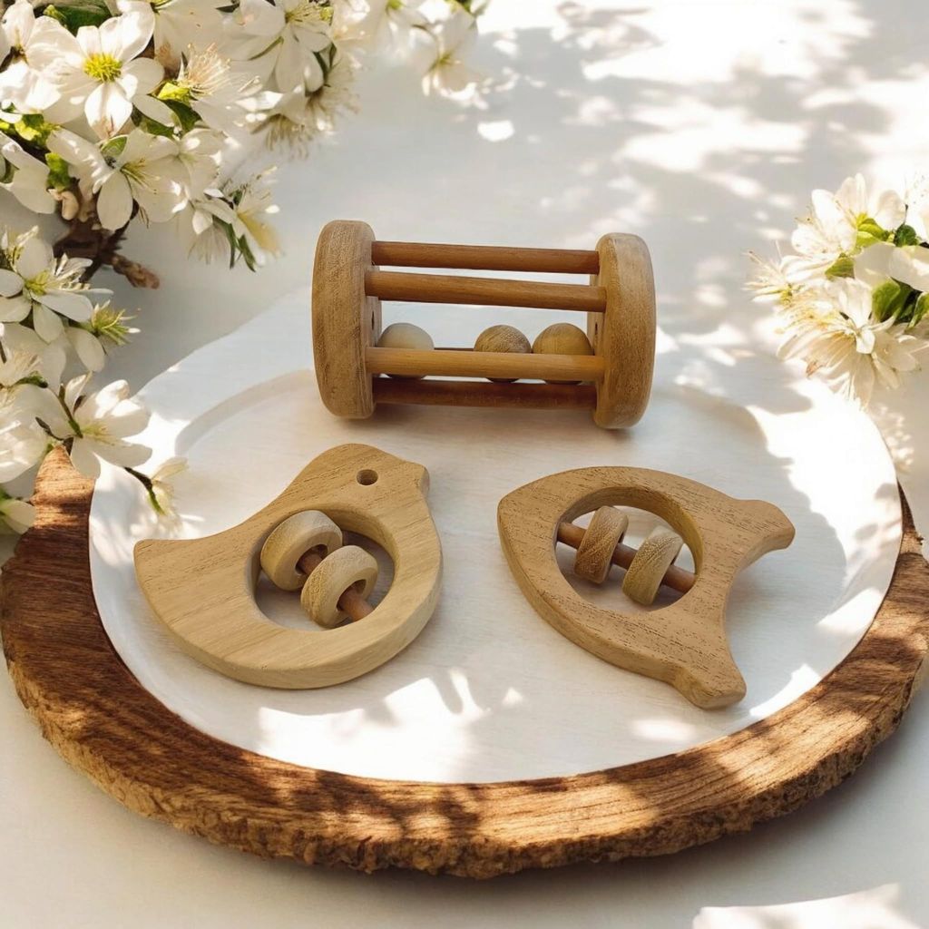 Neemtoys Neem Wooden Rattles, Sound Making Tumbler, Dove and Rocket Shaped Rattle Toddlers Toy for Babies with Multiple Textured Surface (Brown) view 2