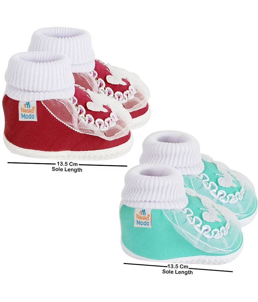 Neska Moda Set of 2 Pair Baby Boys & Baby Girls Butterfly Frill Cotton Booties For 12 to 24 Months (Maroon,Green) view 2