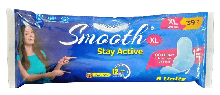 Smooth Stay Active XL Cottony Sanitary Extra Large Dry Net Pads with Wings - 6 Units
